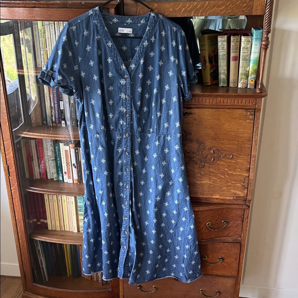 Blue Button-Front Floral Denim Dress Size Large Very good